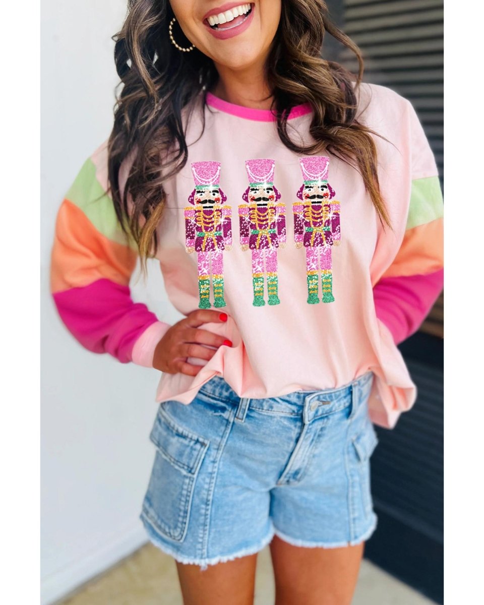 Pink Christmas Sequin Nutcracker Graphic Colorblock Long Sleeve Top - L