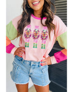 Pink Christmas Sequin Nutcracker Graphic Colorblock Long Sleeve Top - L