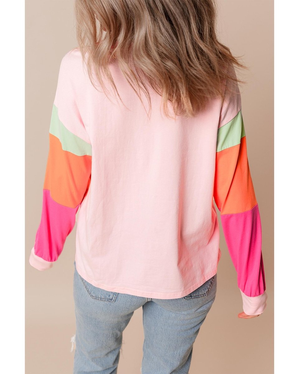 Pink Christmas Sequin Nutcracker Graphic Colorblock Long Sleeve Top - S