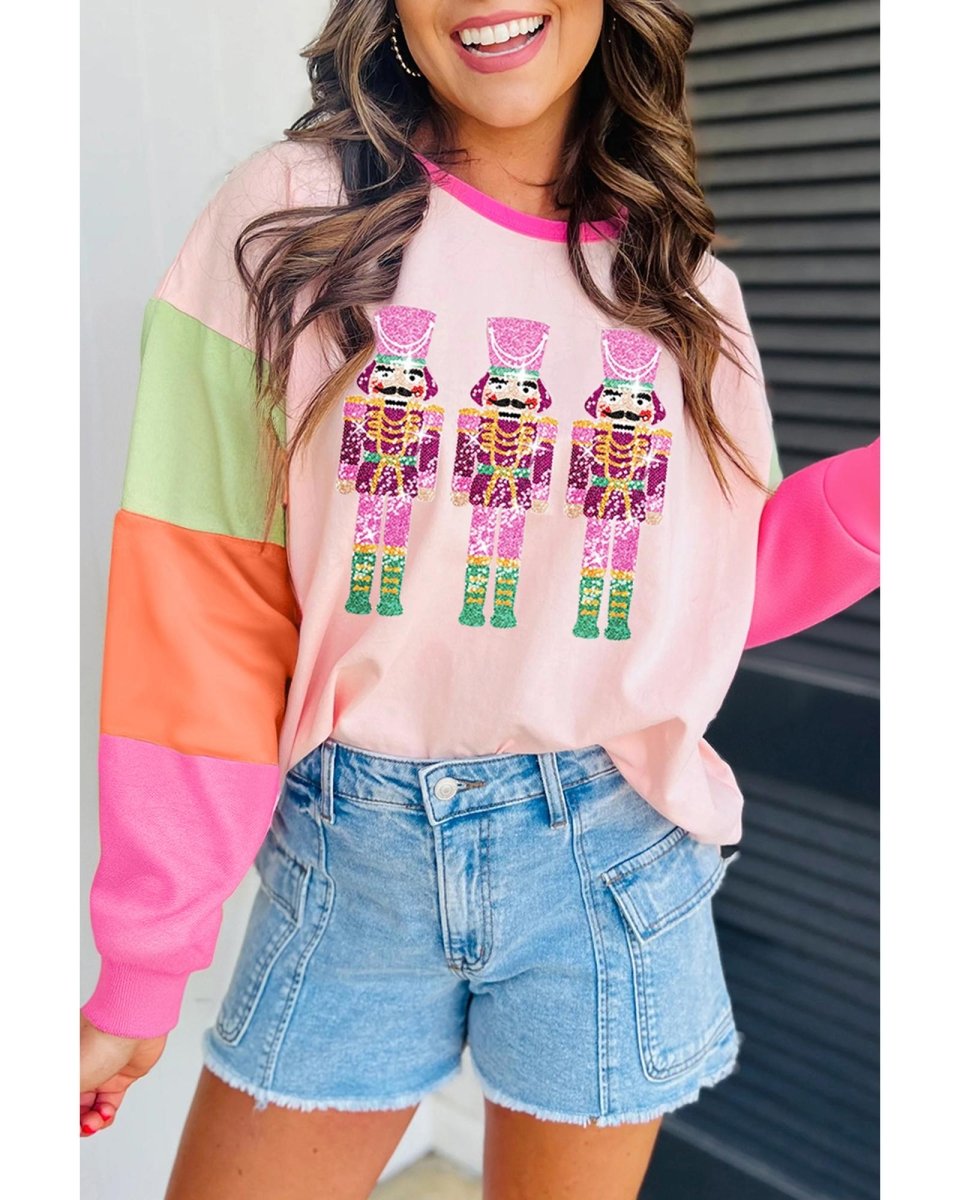 Pink Christmas Sequin Nutcracker Graphic Colorblock Long Sleeve Top - XL
