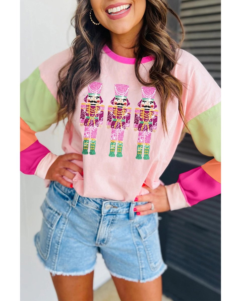 Pink Christmas Sequin Nutcracker Graphic Colorblock Long Sleeve Top - XL