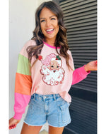 Pink Christmas Santa Claus Graphic Colorblock Patchwork Top - M