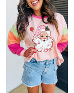 Pink Christmas Santa Claus Graphic Colorblock Patchwork Top - M