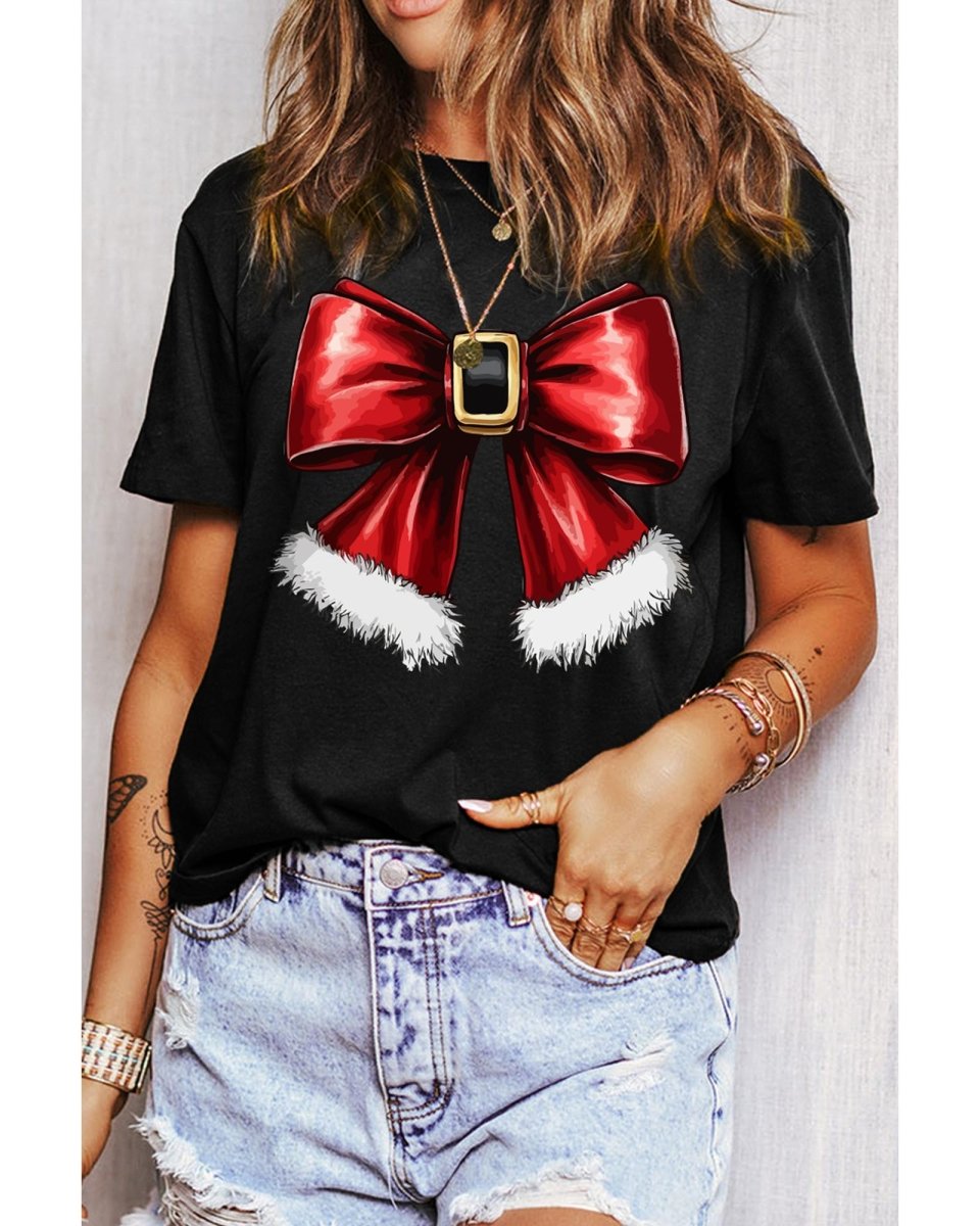 Black Christmas Big Bowknot Graphic Crewneck T Shirt - 2XL