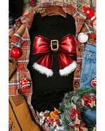 Black Christmas Big Bowknot Graphic Crewneck T Shirt - L