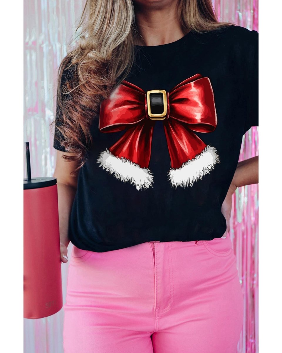 Black Christmas Big Bowknot Graphic Crewneck T Shirt - M