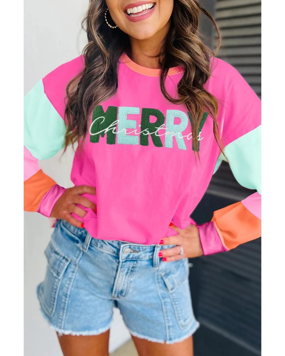 Azura Exchange Rose Red Chenille MERRY Christmas Patched Colorblock Long Sleeve Top - XL