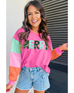 Azura Exchange Rose Red Chenille MERRY Christmas Patched Colorblock Long Sleeve Top - XL