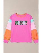 Azura Exchange Rose Red Chenille MERRY Christmas Patched Colorblock Long Sleeve Top - XL