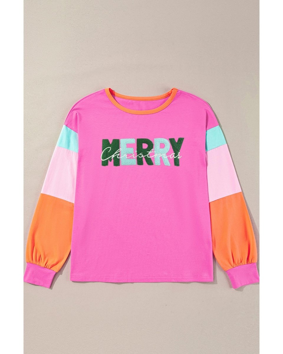 Azura Exchange Rose Red Chenille MERRY Christmas Patched Colorblock Long Sleeve Top - XL