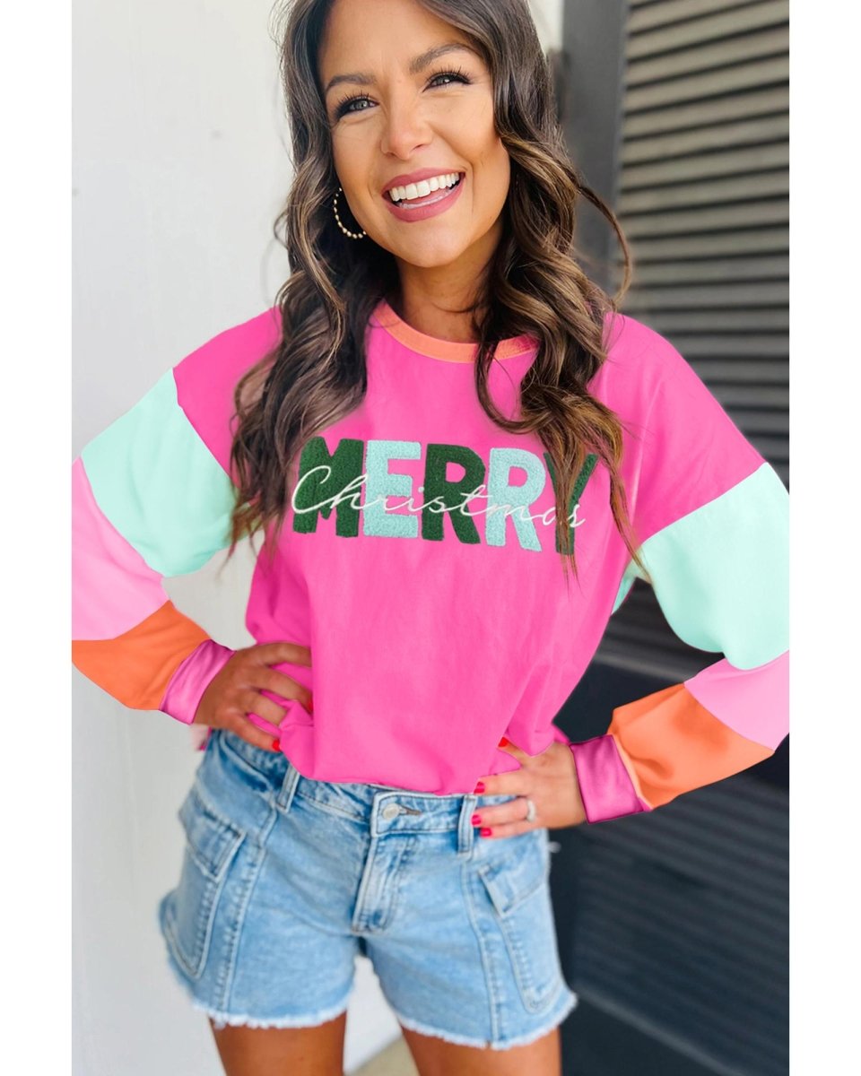 Azura Exchange Rose Red Chenille MERRY Christmas Patched Colorblock Long Sleeve Top - XL