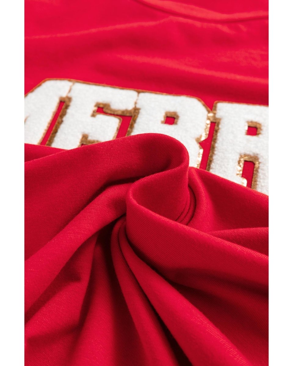 Red Christmas MERRY Graphic Cuffed Sleeve T Shirt - L