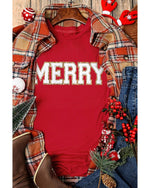 Red Christmas MERRY Graphic Cuffed Sleeve T Shirt - L