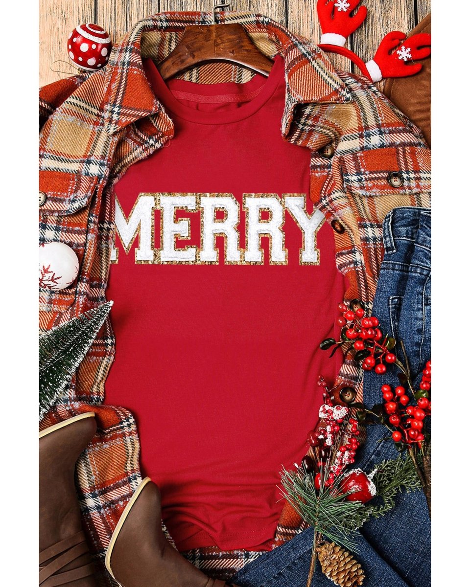 Red Christmas MERRY Graphic Cuffed Sleeve T Shirt - L