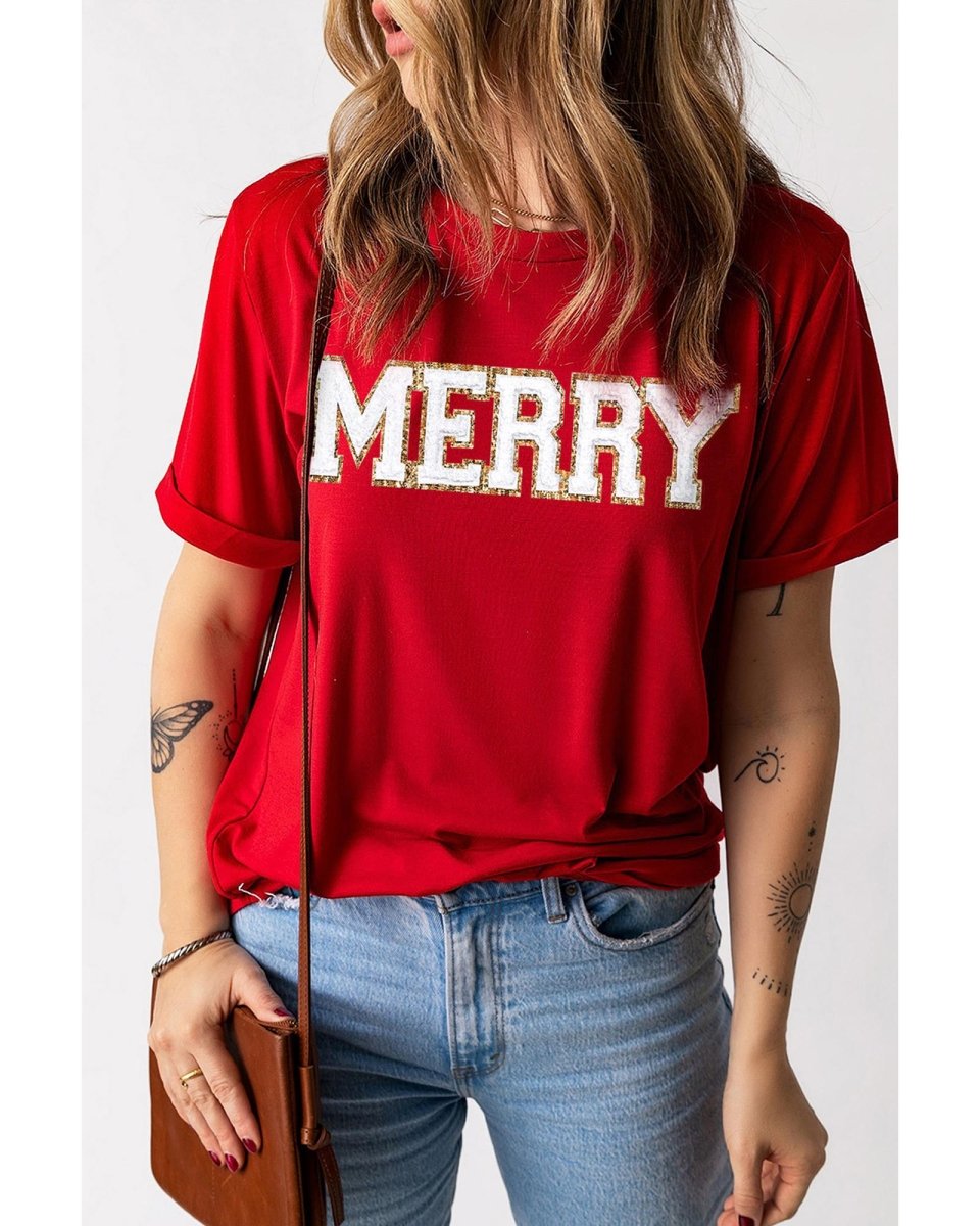 Red Christmas MERRY Graphic Cuffed Sleeve T Shirt - S
