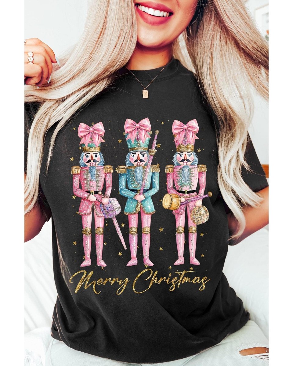 Black Nutcracker Merry Christmas Printed Crewneck T Shirt - S