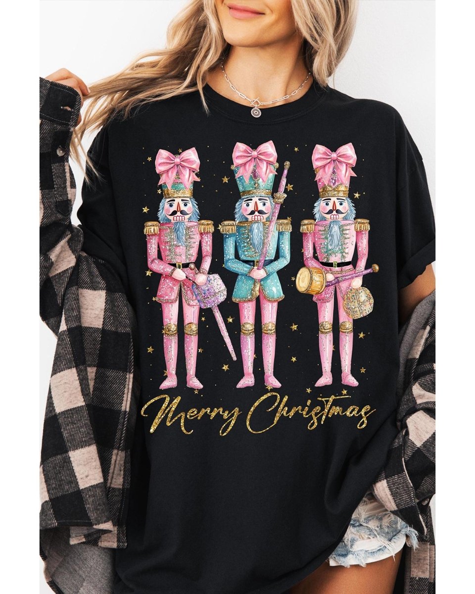 Black Nutcracker Merry Christmas Printed Crewneck T Shirt - XL