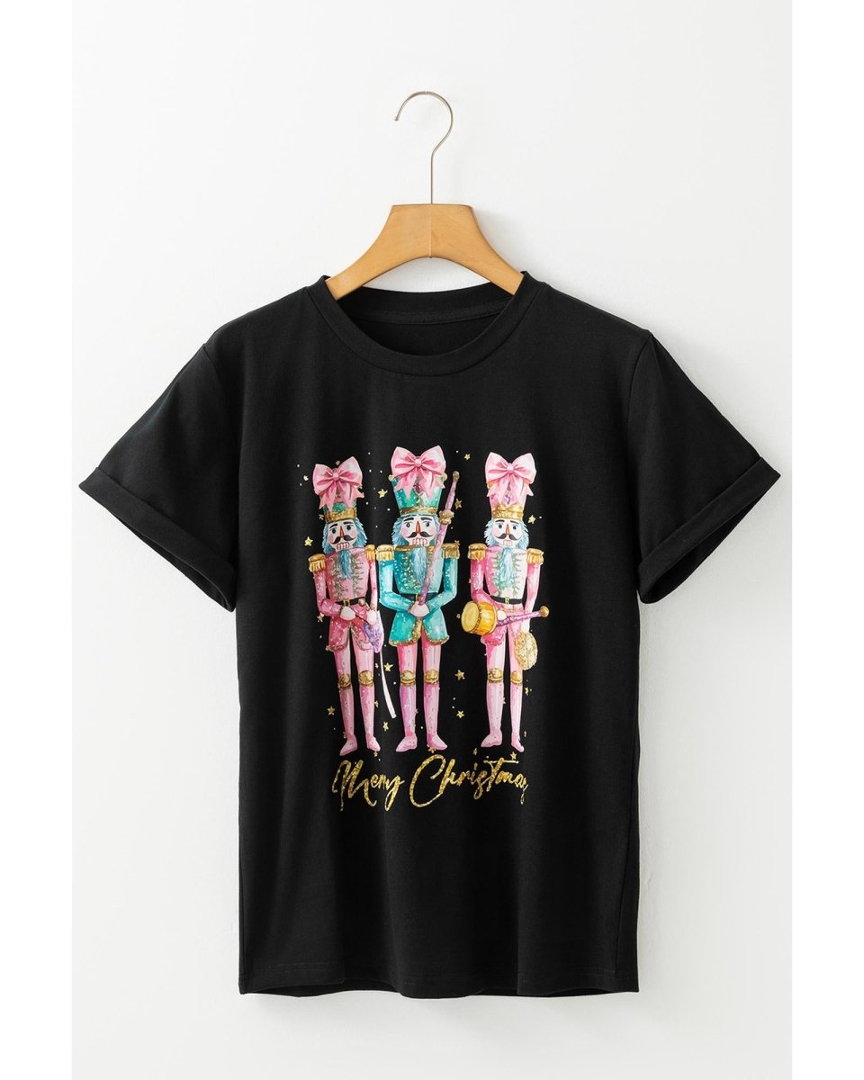 Black Nutcracker Merry Christmas Printed Crewneck T Shirt - XL