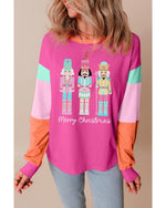 Rose Red Nutcracker Merry Christmas Graphic Colorblock Long Sleeve Tee - XL