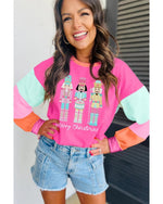Rose Red Nutcracker Merry Christmas Graphic Colorblock Long Sleeve Tee - XL