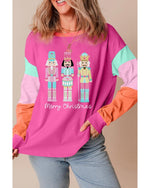 Rose Red Nutcracker Merry Christmas Graphic Colorblock Long Sleeve Tee - XL