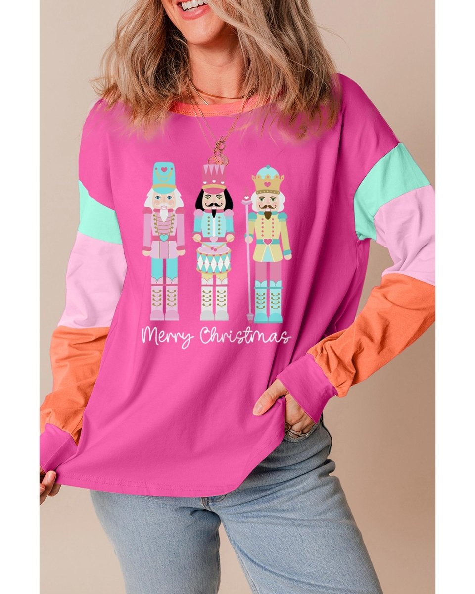 Rose Red Nutcracker Merry Christmas Graphic Colorblock Long Sleeve Tee - XL