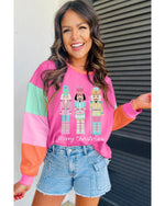 Rose Red Nutcracker Merry Christmas Graphic Colorblock Long Sleeve Tee - XL