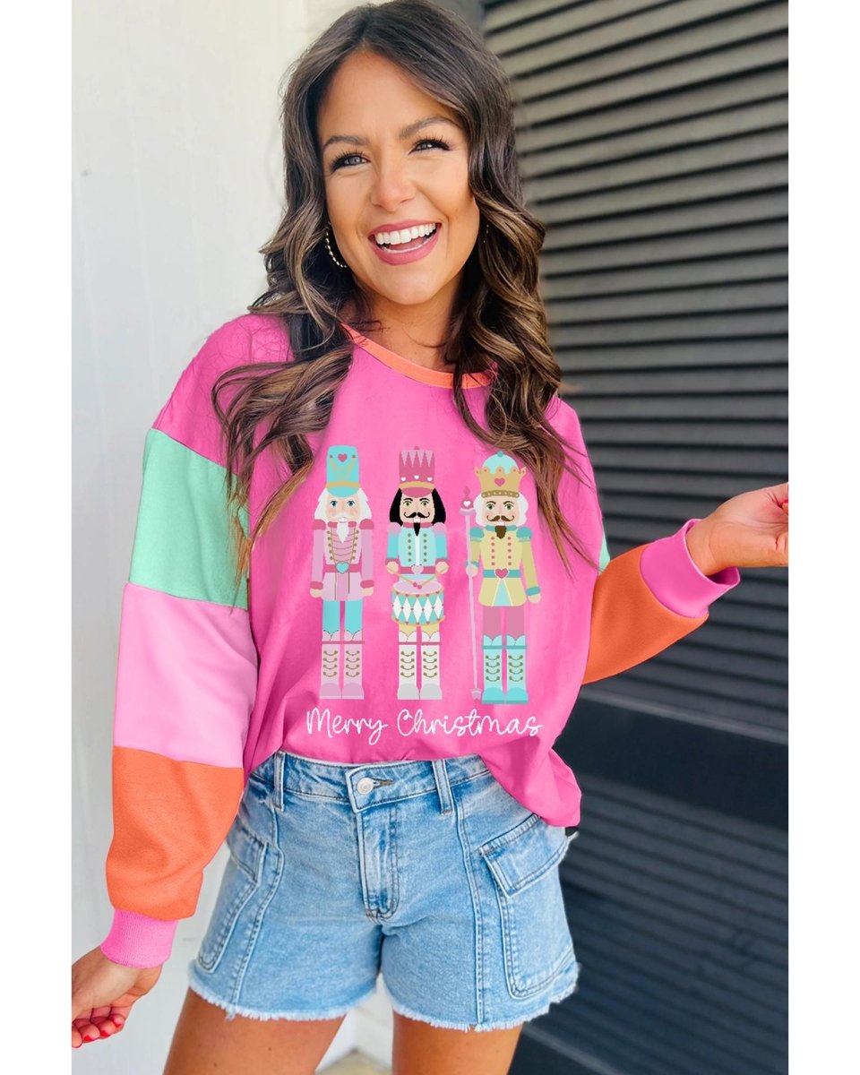 Rose Red Nutcracker Merry Christmas Graphic Colorblock Long Sleeve Tee - XL