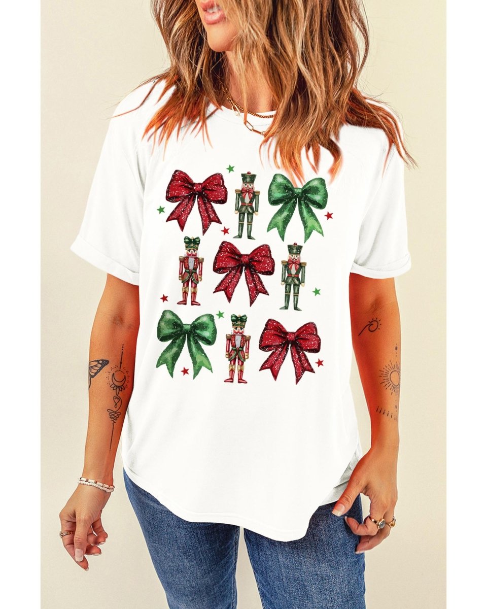 White Bowknot Nutcracker Printed Crewneck Christmas T Shirt - M