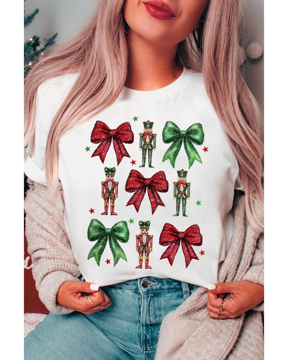 White Bowknot Nutcracker Printed Crewneck Christmas T Shirt - M