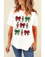 White Bowknot Nutcracker Printed Crewneck Christmas T Shirt - XL