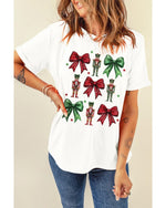 White Bowknot Nutcracker Printed Crewneck Christmas T Shirt - XL