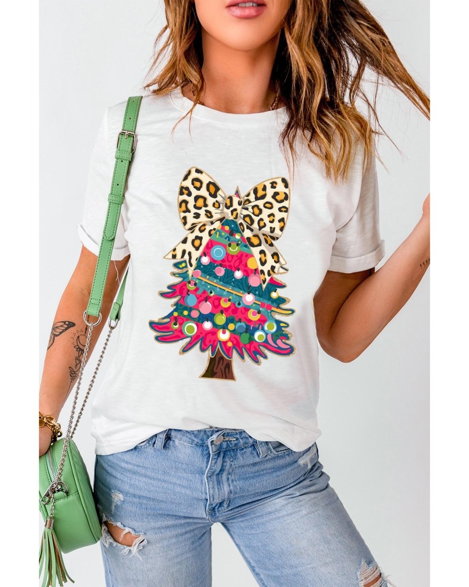 White Leopard Bow Decor Christmas Tree Graphic Crew Neck Tee - 2XL