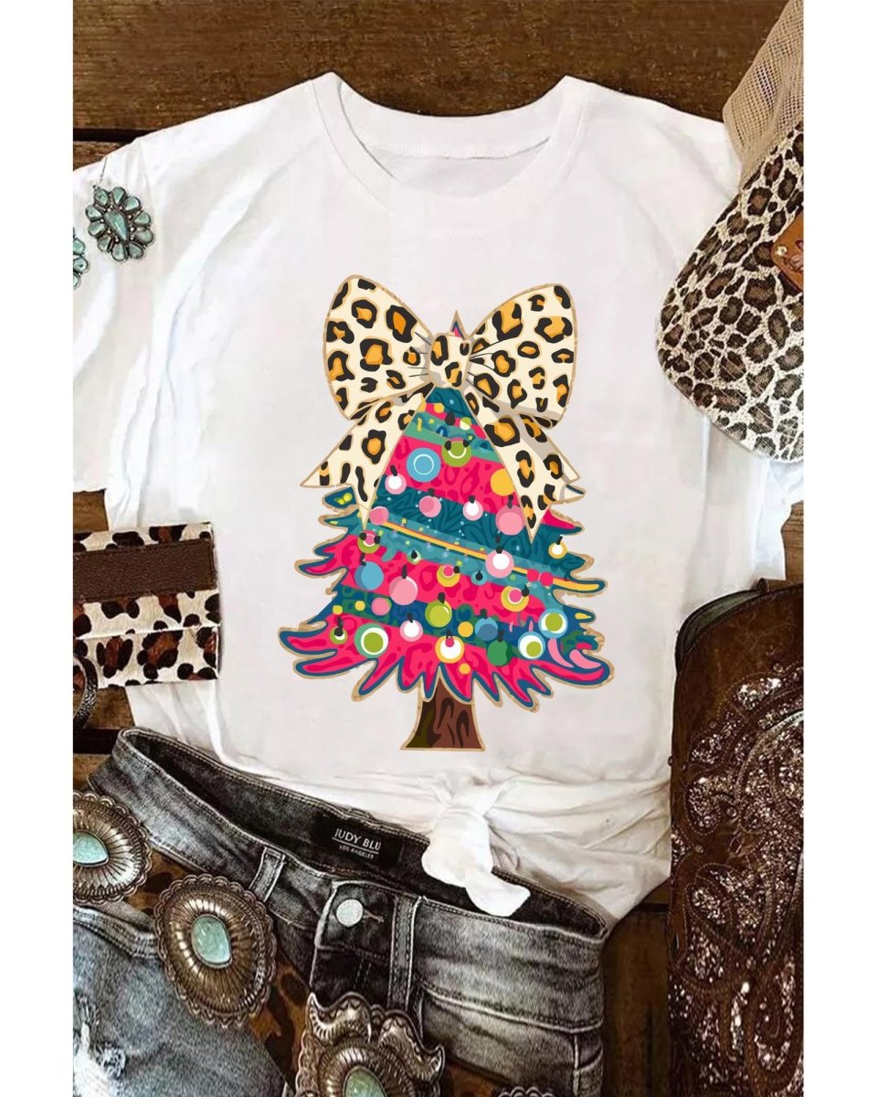 White Leopard Bow Decor Christmas Tree Graphic Crew Neck Tee - 2XL