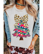 White Leopard Bow Decor Christmas Tree Graphic Crew Neck Tee - 3XL