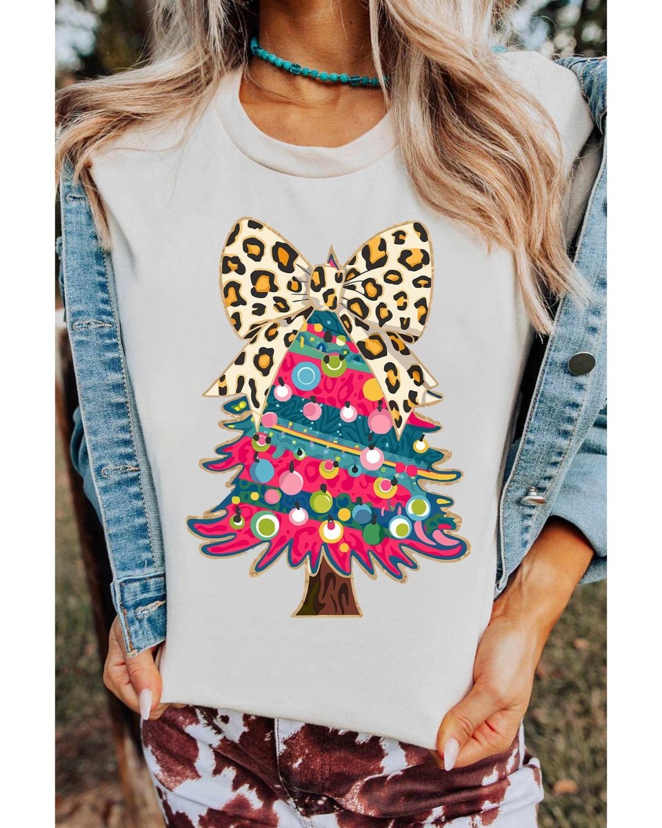 White Leopard Bow Decor Christmas Tree Graphic Crew Neck Tee - 3XL