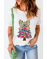 White Leopard Bow Decor Christmas Tree Graphic Crew Neck Tee - 3XL