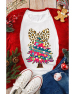 White Leopard Bow Decor Christmas Tree Graphic Crew Neck Tee - M