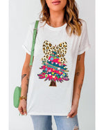 White Leopard Bow Decor Christmas Tree Graphic Crew Neck Tee - XL
