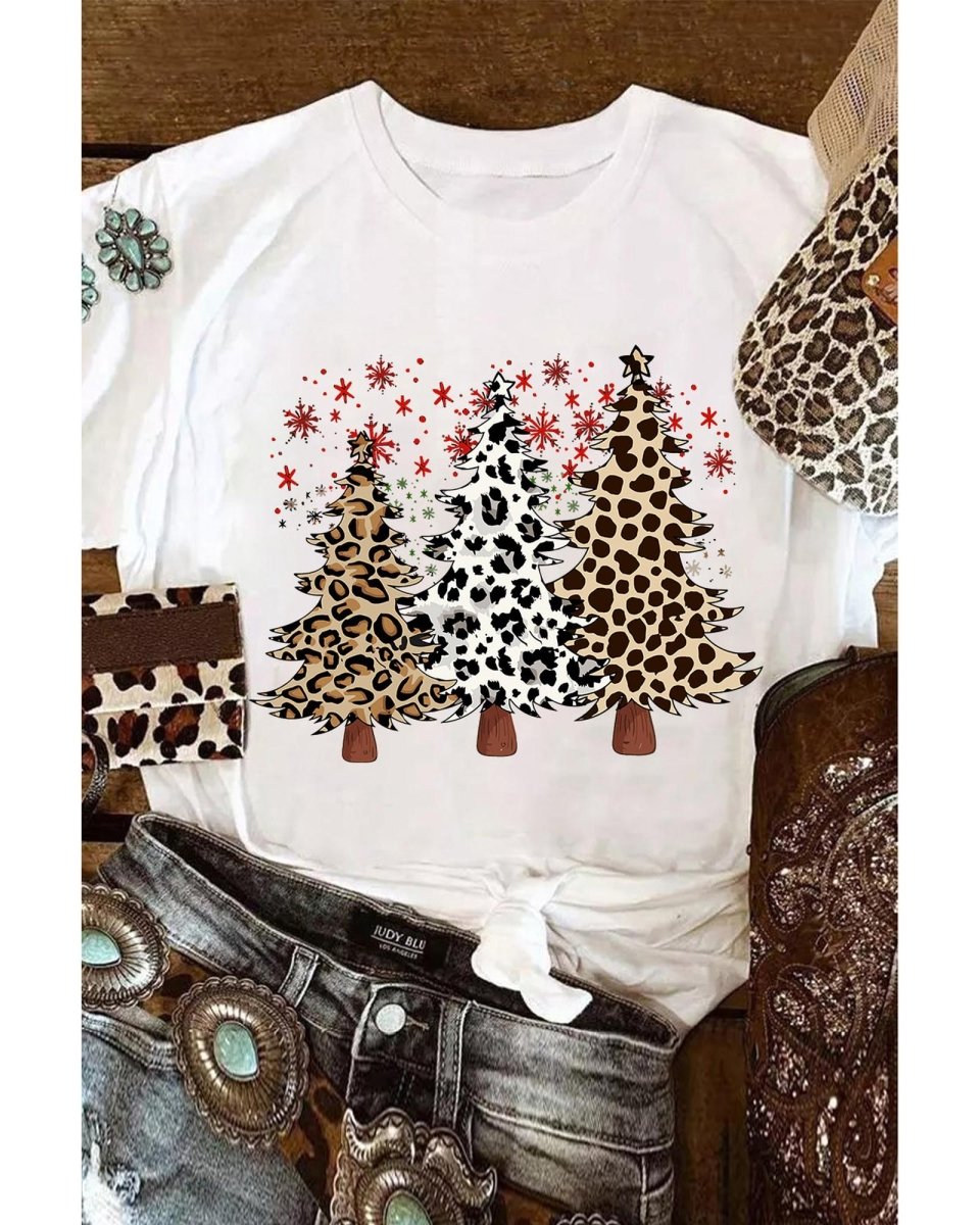 White Leopard Christmas Tree Graphic Crewneck Tee - 3XL