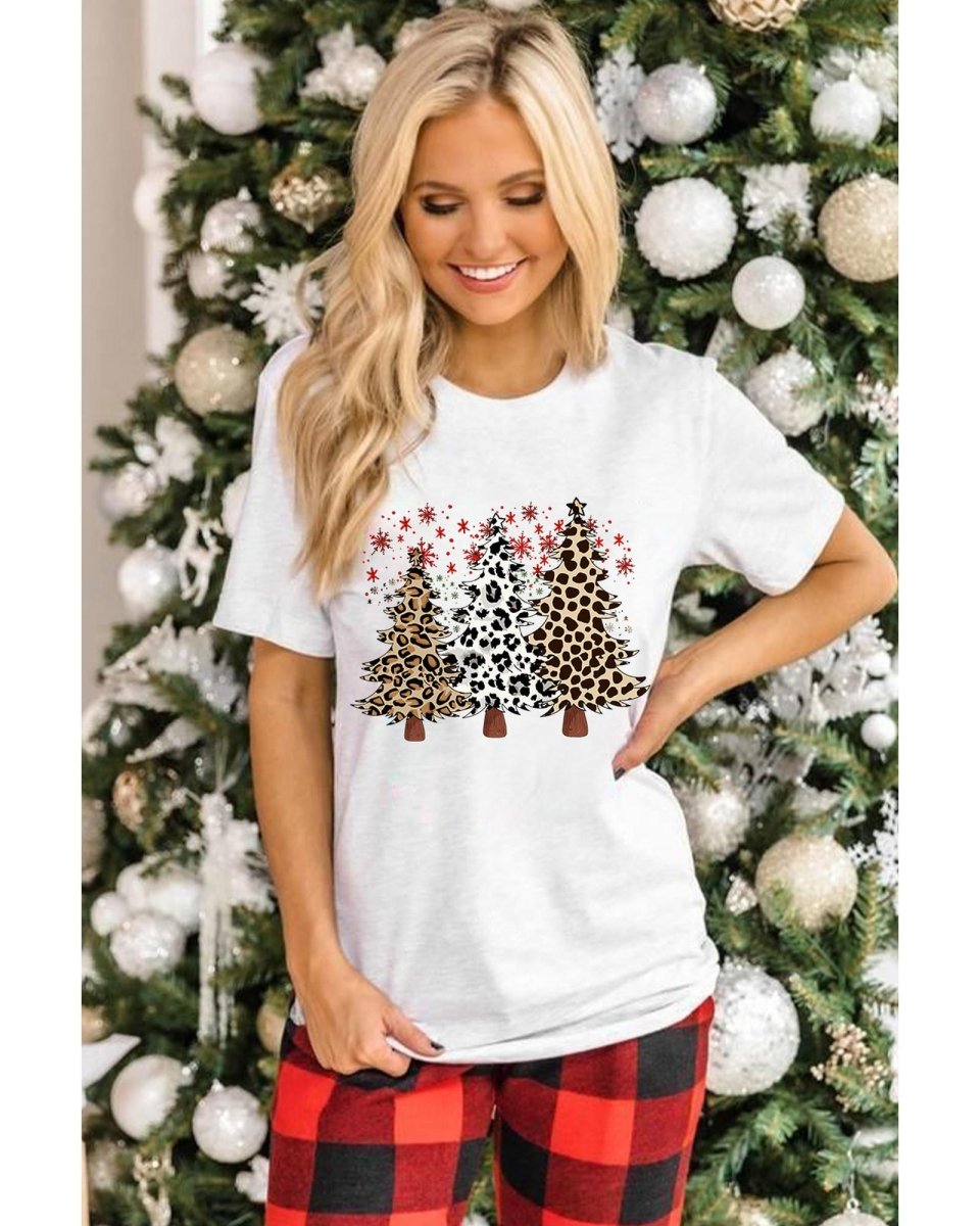 White Leopard Christmas Tree Graphic Crewneck Tee - 3XL