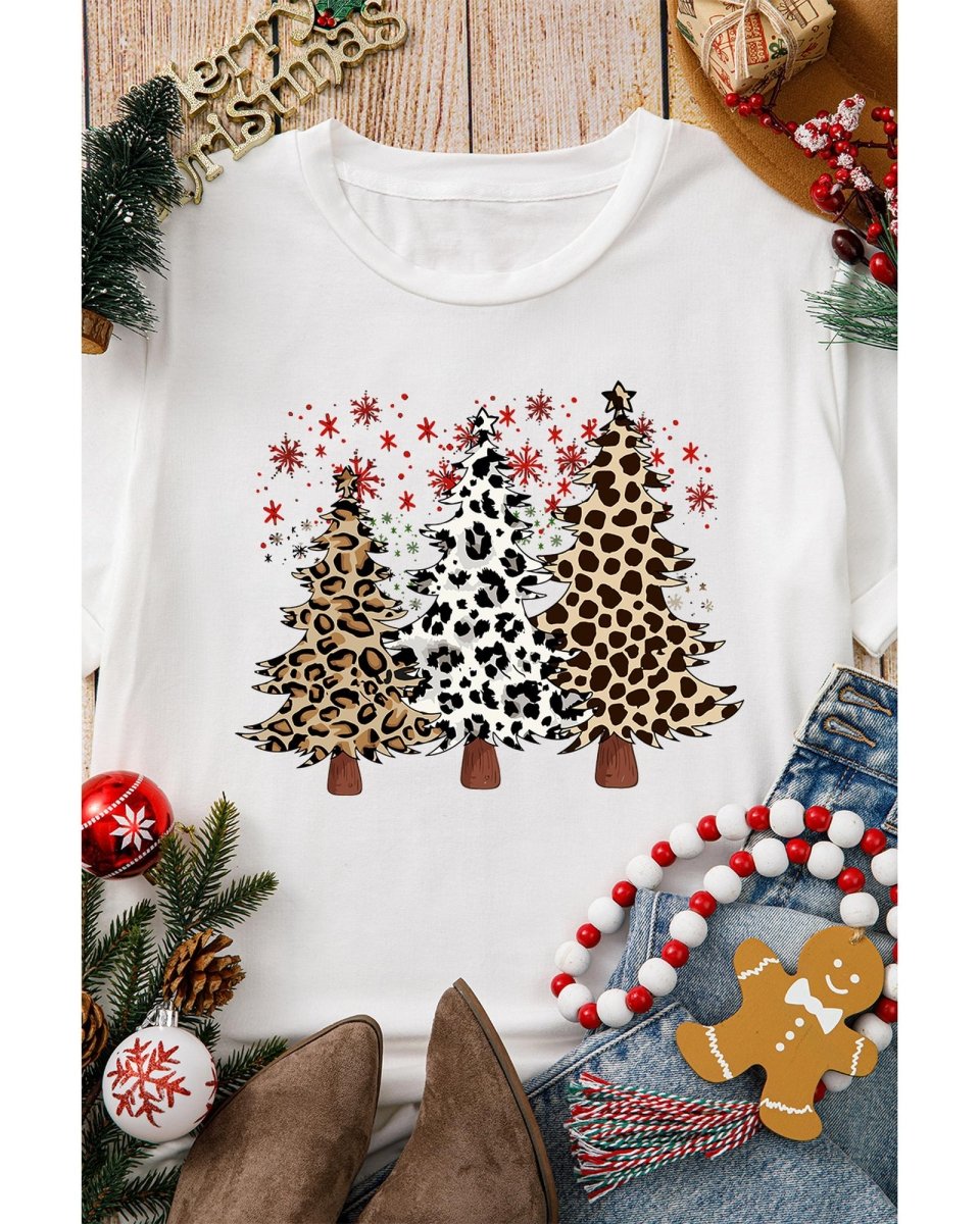 White Leopard Christmas Tree Graphic Crewneck Tee - M
