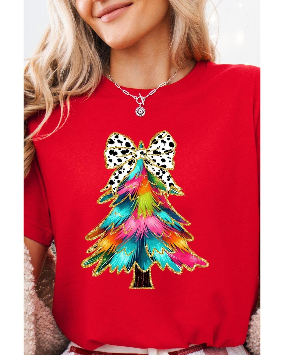 Red Bow Decor Christmas Tree Graphic Holiday T Shirt - L