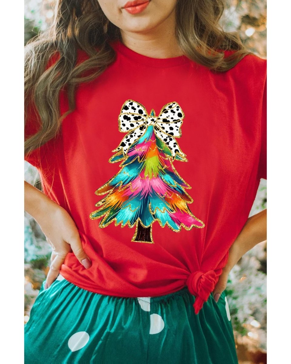 Red Bow Decor Christmas Tree Graphic Holiday T Shirt - L