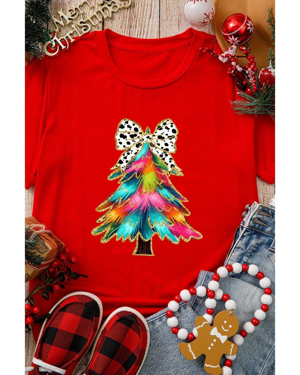 Red Bow Decor Christmas Tree Graphic Holiday T Shirt - L