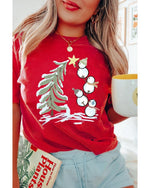 Red Christmas Tree Snowman Printed Crewneck T Shirt - 2XL