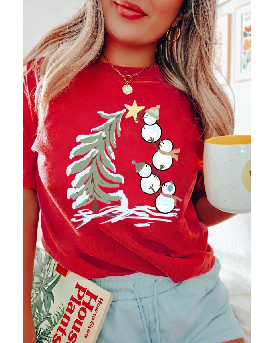 Red Christmas Tree Snowman Printed Crewneck T Shirt - 3XL