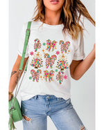 White Christmas Tree Bow Knot Print Round Neck T Shirt - 2XL