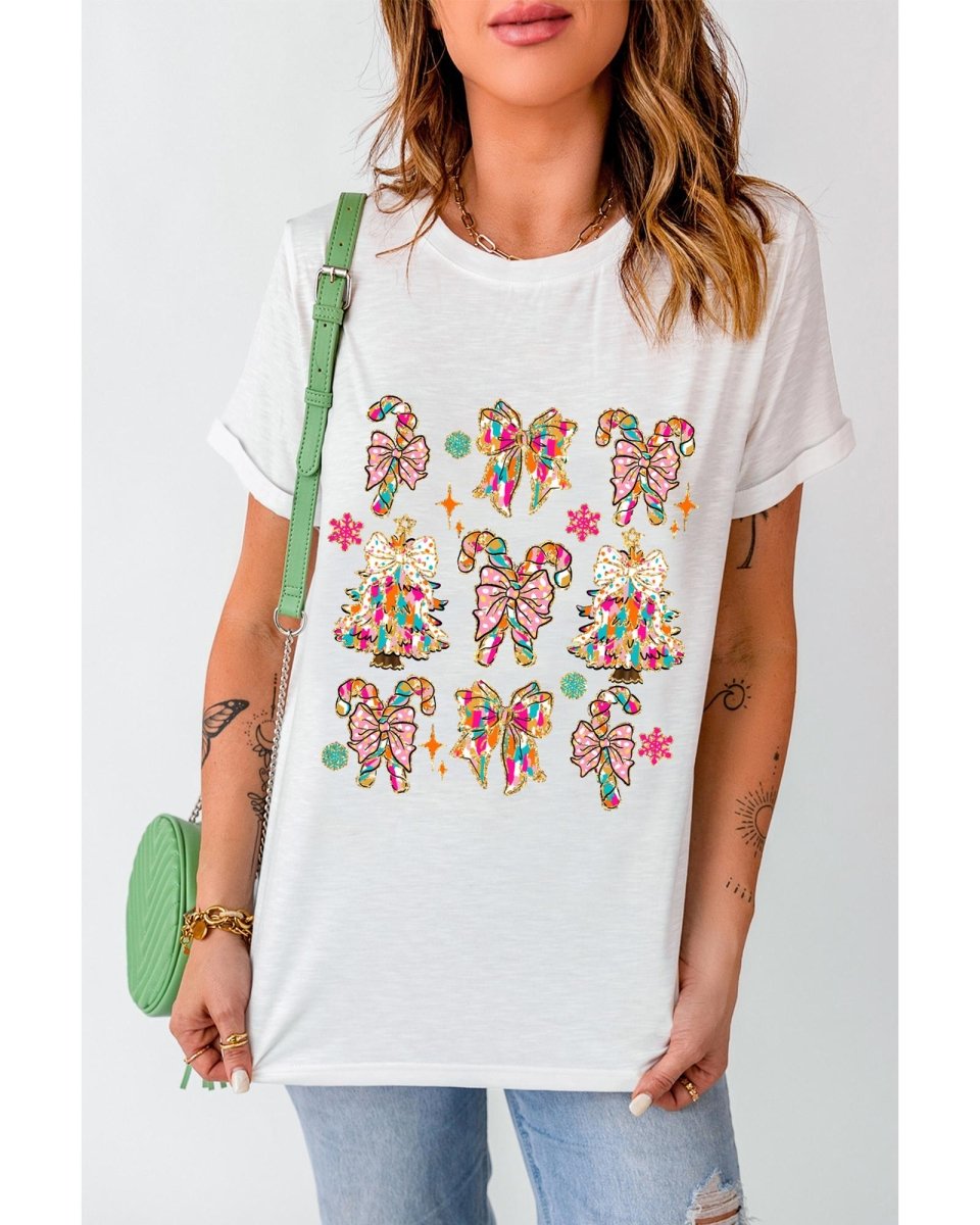 White Christmas Tree Bow Knot Print Round Neck T Shirt - 2XL