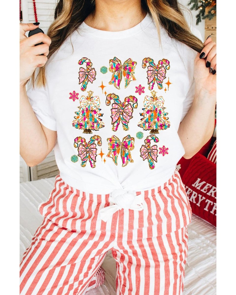 White Christmas Tree Bow Knot Print Round Neck T Shirt - 2XL